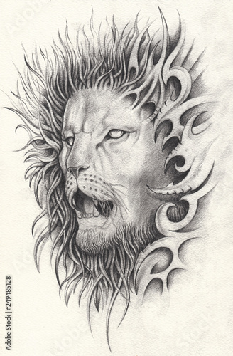 Art Surreal Lion Tattoo. Hand drawing on paper.