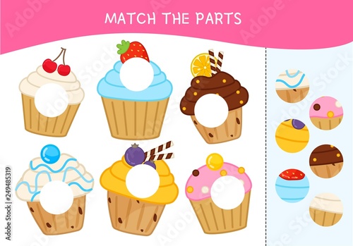 Matching children educational game. Match parts of cakes. Activity for pre s  hool years kids and toddlers.
