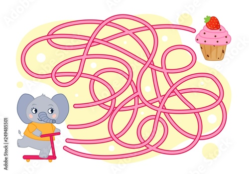 Maze game for children. Cartoon cute elephant and cake.