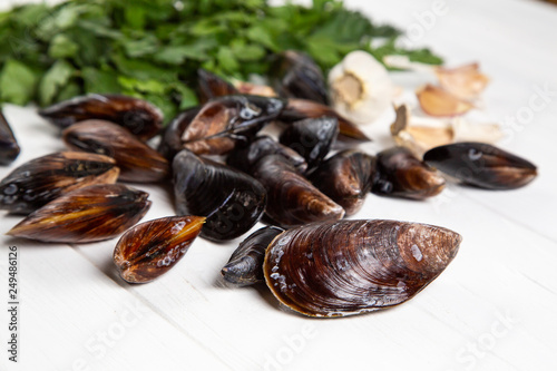Cook ingredients - fresh raw mussels with parsley and garlic