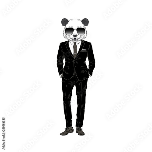 Humanized panda bear cool man dressed up in black business suit. Hand drawn vector illustration. Furry art image. photo