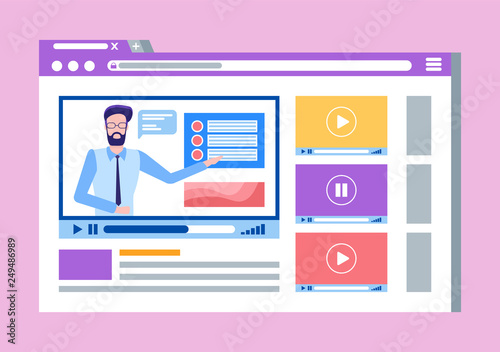 Online courses lead by male teacher man on video vector. Isolated icon of website with person explaining material to students, screen with text and tests