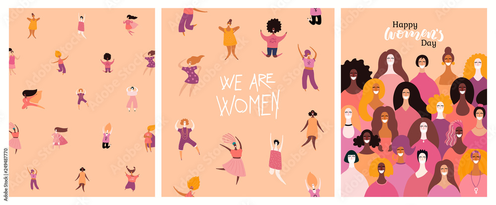 Set of womens day cards with diverse women and lettering quotes. Hand drawn vector illustration. Flat style design. Concept, element for feminism, girl power, poster, banner, background. - obrazy, fototapety, plakaty 