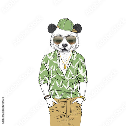 Humanized panda bear man hipster dressed up in Aloha hawaiian shirt with bamboo print sunglasses and cap. Hand drawn vector illustration. Furry art image.