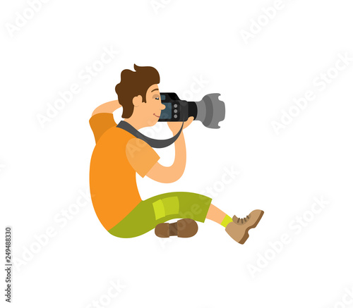 Photographer taking photo with modern digital camera sitting on floor. Videographer recording video, powerful zoom device vector paparazzi or reporter