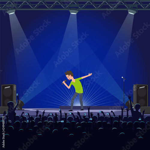 Music performance emotional concert singer vector. Crowd of fans singing with star, male with microphone on spotlights standing on stage with loudspeakers