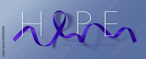 Colon Cancer Awareness Calligraphy Poster Design. Realistic Dark Blue Ribbon. March is Cancer Awareness Month. Vector