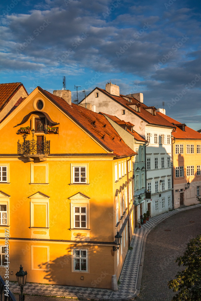 Historic houses at Kampa Island at sunset, Lesser Town in Prague, Czech Republic, Europe.