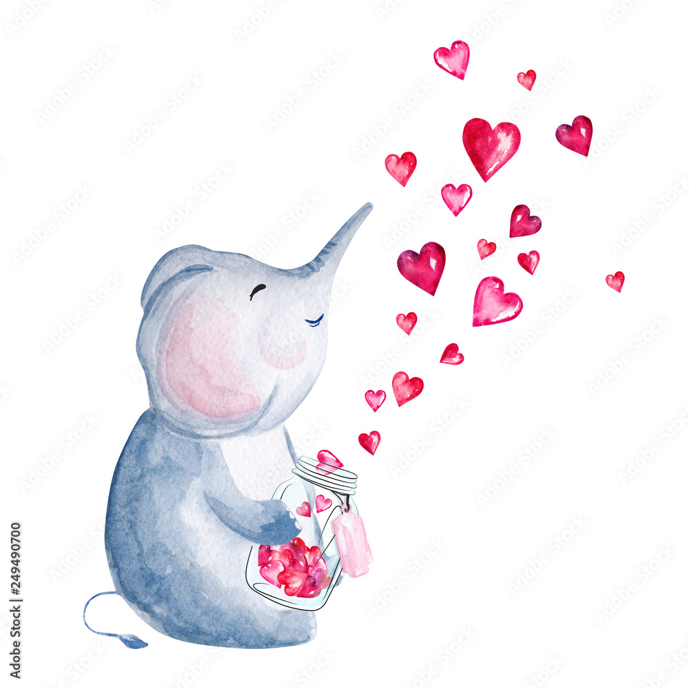 Hand drawn watercolor elephant holding glass jar with hearts