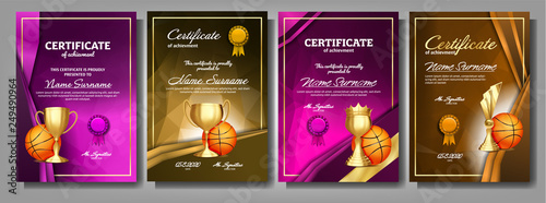 Basketball Game Certificate Diploma Golden Cup Set Vector. Sport Award Template. Achievement Design. Honor Background. A4 Graduation. Champion. Best Prize. Winner Trophy. Template Illustration
