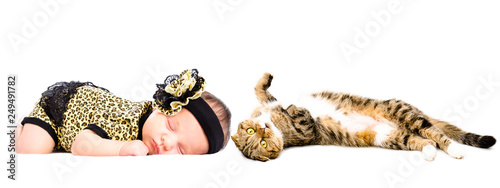 Cute sleeping newborn girl and cat Scottish Fold isolated on white background