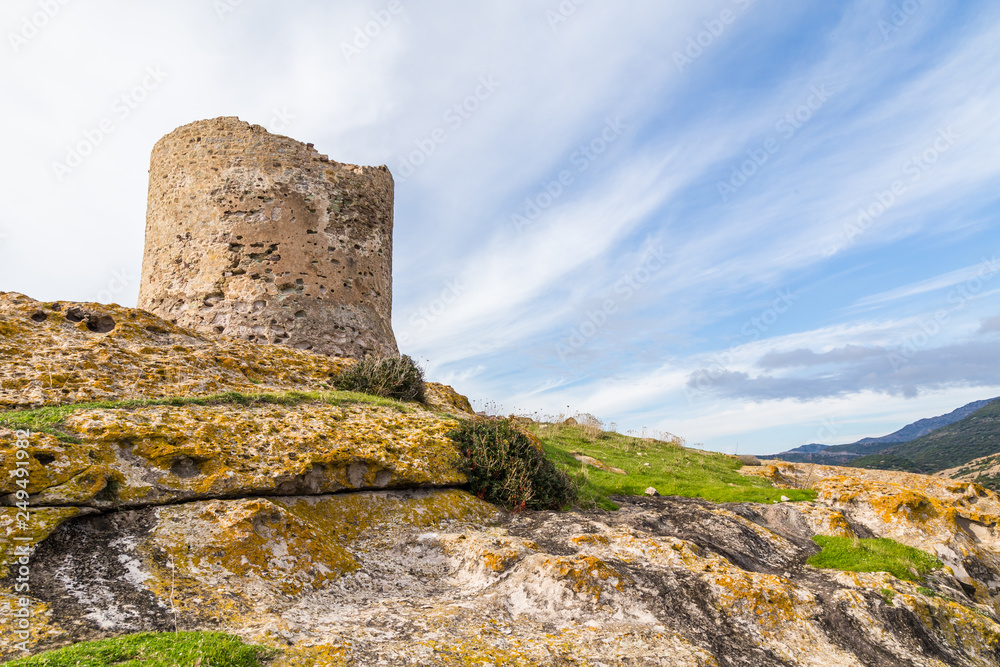 Tower Argentina at the West coast along Costa Tentizzos near Bosa on Sardinia islands, Italy