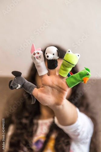 Funny animals puppets in the fingers. Children's activities concept.Happy teachers day 