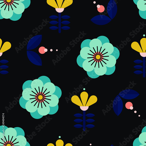 Beautiful floral pattern in scandinavian folk art style. Seamless background with geometrical flowers. Floral pattern perfect for wrapping paper and packaging design.