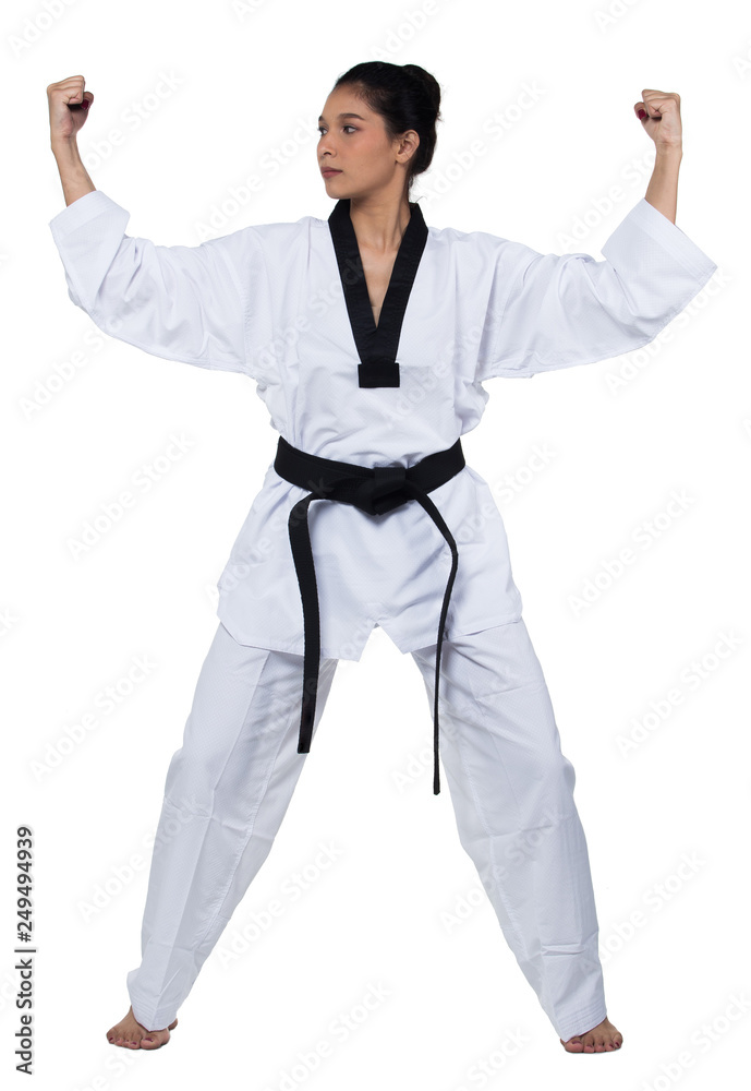 Master Black Belt TaeKwonDo Beautiful Asian Caucasian Woman instructor Teacher fighter show hit pose, studio lighting white background isolated. White fighting suit outfit, motion blur hand foots Master Black Belt TaeKwonDo Beautiful Asian Caucasian Woman instructor Teacher fighter show hit pose, studio lighting white background isolated. White fighting suit outfit, motion blur hand foots