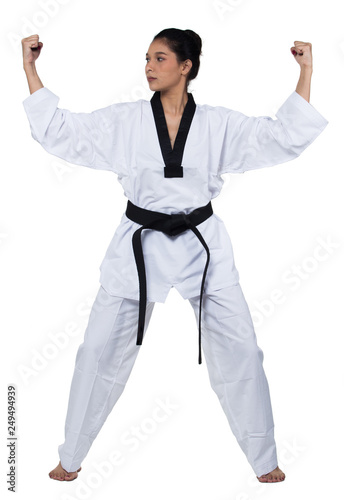 Master Black Belt TaeKwonDo Beautiful Asian Caucasian Woman instructor Teacher fighter show hit pose, studio lighting white background isolated. White fighting suit outfit, motion blur hand foots