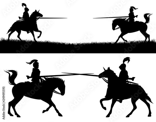 horseback knights fighting in a jousting tournament - black vector silhouettes of warriors with pikes riding horses