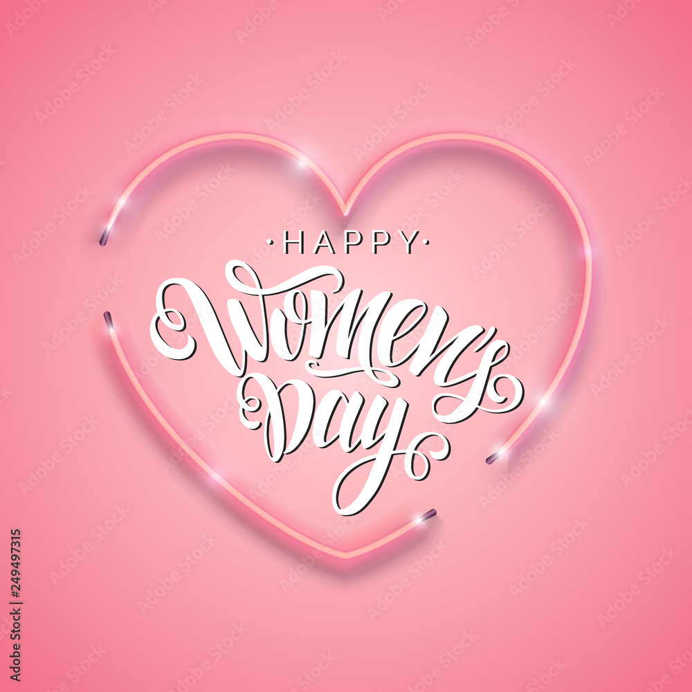 Happy Women's Day script lettering inscription. Hand lettering card. Modern calligraphy for Women's Day, 8 March. Vector neon sign. Abstract background with bright pink vector neon heart. Happy Women's Day script lettering inscription. Hand lettering card. Modern calligraphy for Women's Day, 8 March. Vector neon sign. Abstract background with bright pink vector neon heart.