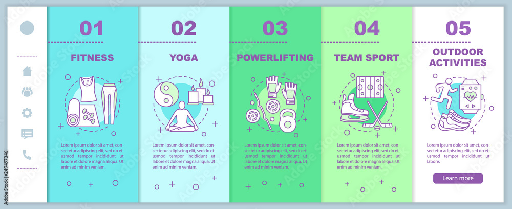 Physical activities onboarding mobile web pages vector template