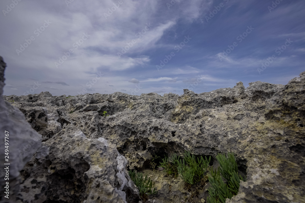 great rock texture close up photography, blue sky background 