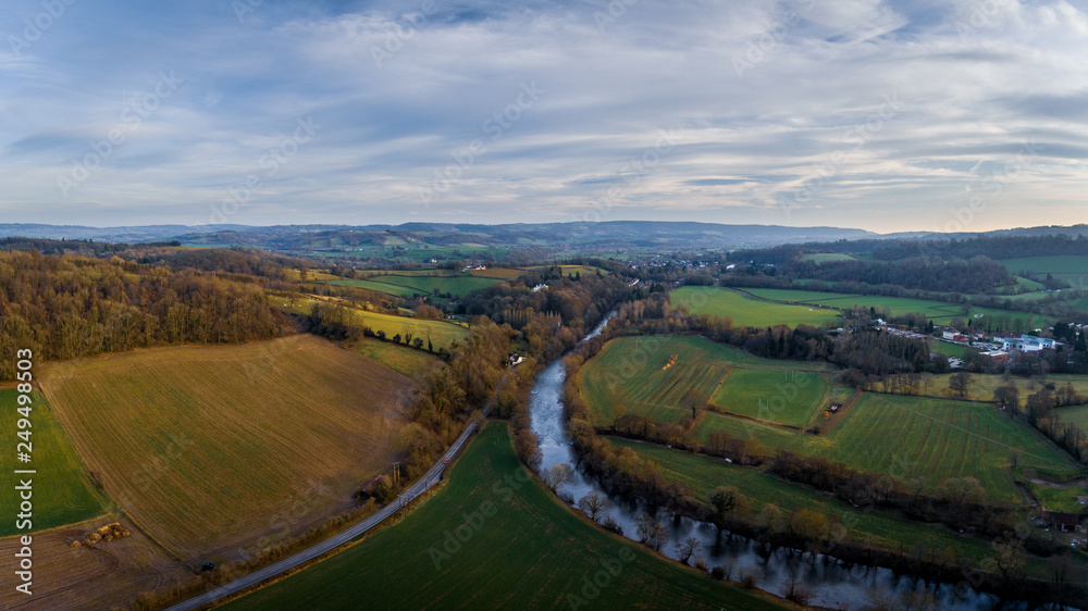 Aerial view of the River Usk in the countryside of Usk, Monmouthshire, Wales Aerial view of the River Usk in the countryside of Usk, Monmouthshire, Wales