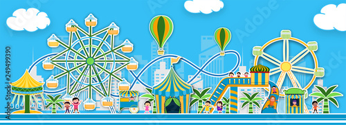 Sticker style theme park view with illustration of carousels, roller coaster and hot air balloons for Fun Fair Carnival concept.