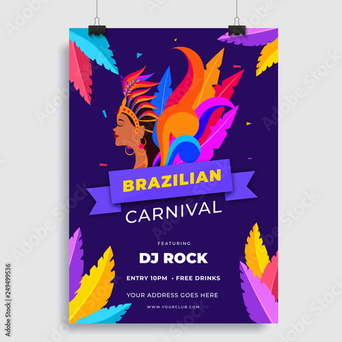 Template or flyer design with beautiful woman in carnival costume for Brazilian Carnival celebration concept.