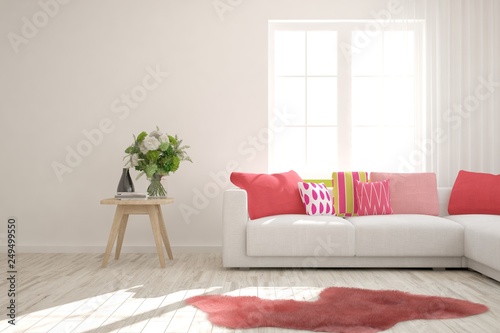 White stylish minimalist room with bright coral sofa. Scandinavian interior design. 3D illustration