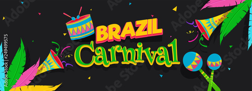Website header or banner design with stylish text Brazil Carnival and music instruments illustration on black background.