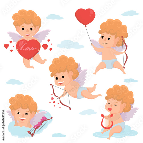 Set of difference pose cute cupid in valentine day.Vector and illustration