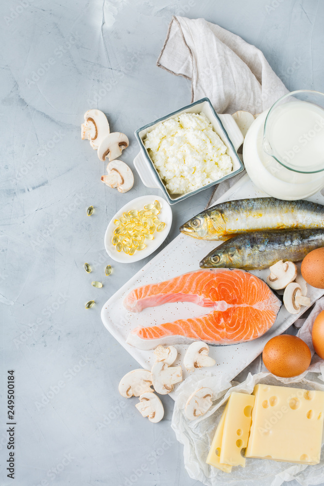 Assortment of healthy vitamin d source food