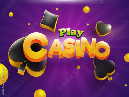 3D text Casino with spade, heart, diamond and club symbols on purple rays background for gambling night party celebration concept.