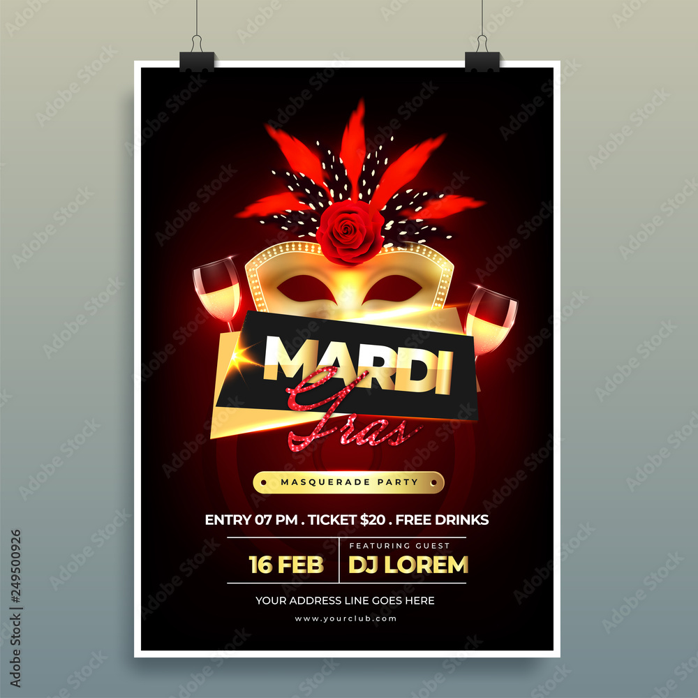Mardi Gras template or flyer design with time, date and venue details.