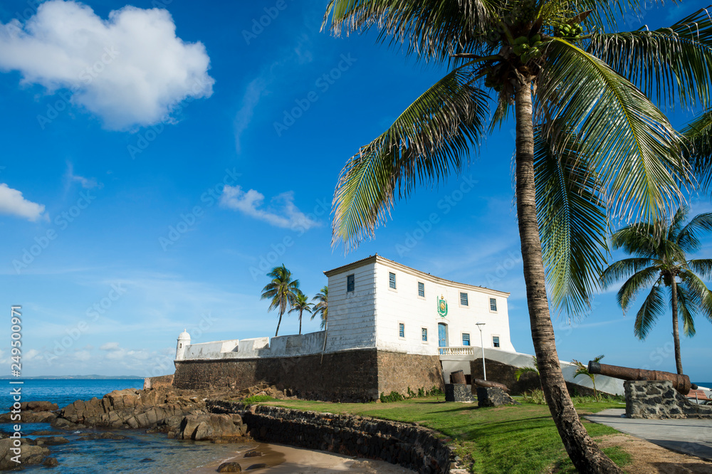 Bright scenic view of the old colonial Portuguese Fort Santa Maria in Barra, Salvador, Brazil with palm trees standing above the rugged shoreline