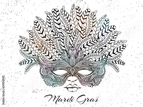 Creative doodle party masquerade illustration on white background for Mardi gras party poster design.