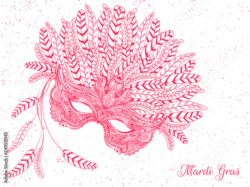 Doodle style red feather party mask illustration on white background for Mardi Gras poster design.