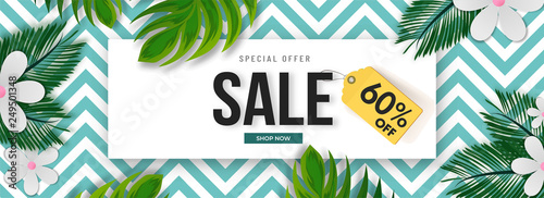 Advertising sale banner or header design with 60% discount offer and tropical leaves, flowers decorated abstract background.