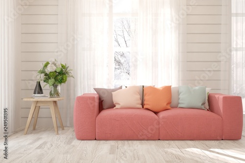 White stylish minimalist room with coral sofa. Color of the year 2019. Scandinavian interior design. 3D illustration © AntonSh