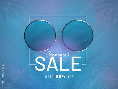 Vector illustration of goggles on tropical leaves decorated background for Summer Sale poster or banner design.