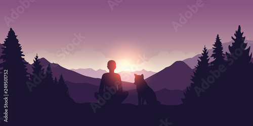 man and his dog enjoy the sunrise at beautiful purple mountain nature landscape vector illustration EPS10