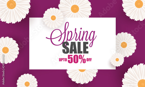 Beautiful flowers decorated spring sale poster or banner design with 50% discount offer. © Abdul Qaiyoom