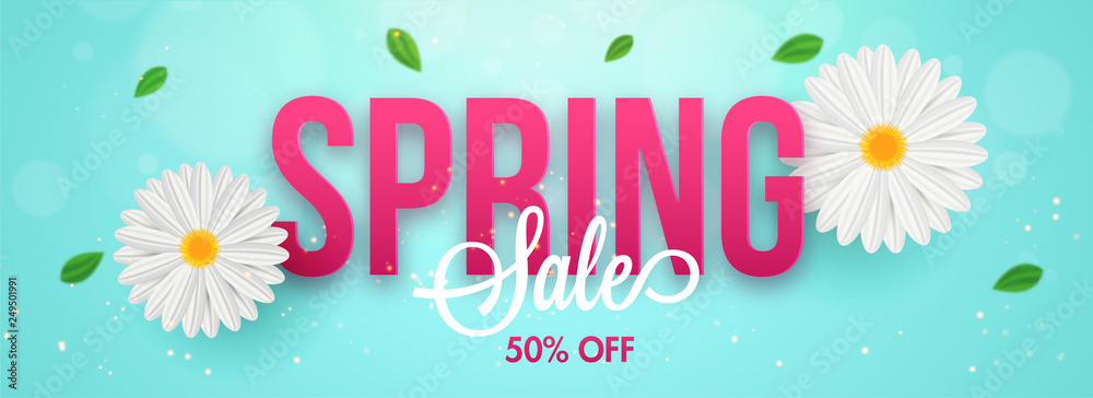 Typography of spring with daisy flowers and 50% discount offer. Sale header or banner design for advertising concept.