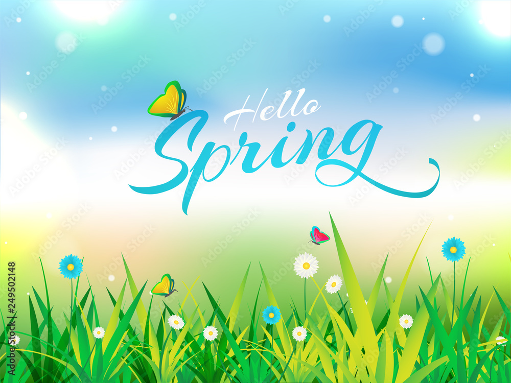 Beautiful poster or banner design with nature landscape view and stylish lettering of Hello Spring.
