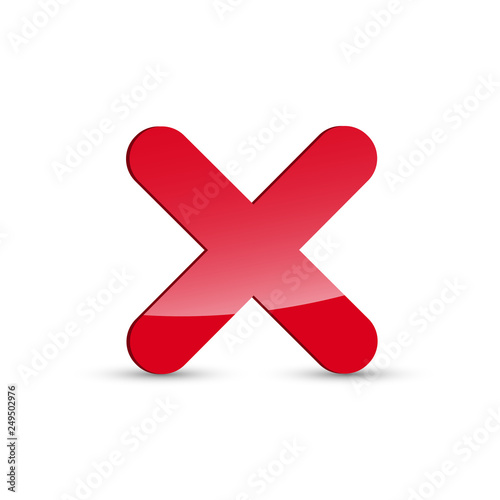 Glossy red x mark icon, cross symbol on white background
