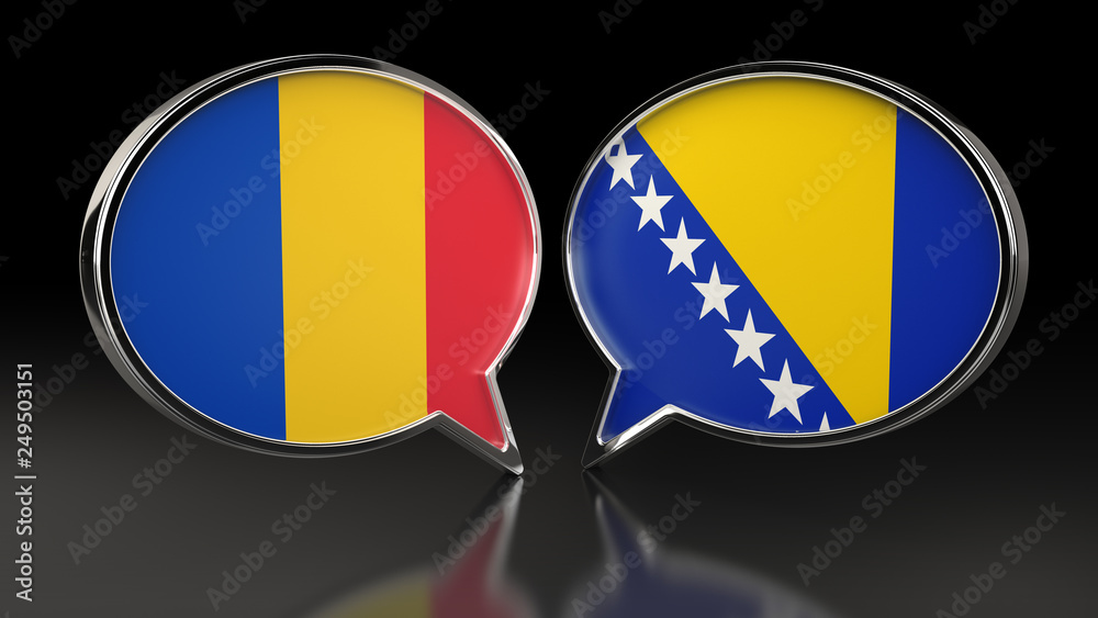 Fototapeta premium Romania and Bosnia and Herzegovina flags with Speech Bubbles. 3D illustration