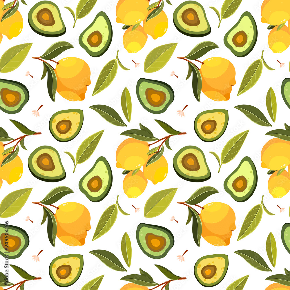 Fruit seamless pattern. Pattern with lemon, avocado, leaves and branches. Use for postcard, print, packaging etc. Fruit seamless pattern. Pattern with lemon, avocado, leaves and branches. Use for postcard, print, packaging etc.