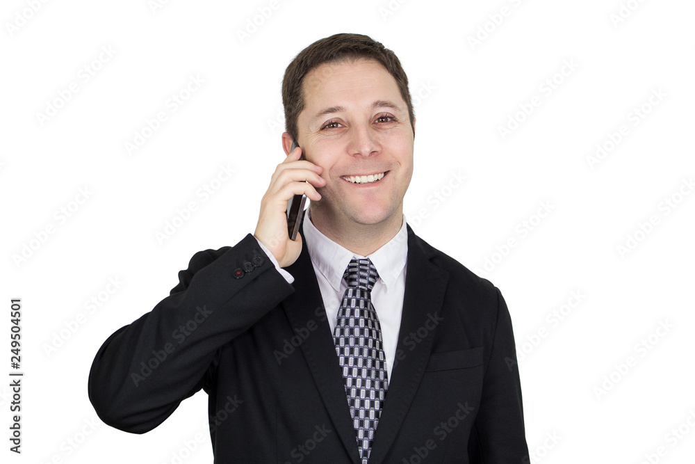 Businessman in Black Suit Talking On The Phone While Smiling and Feeling Happy Against White Background Businessman in Black Suit Talking On The Phone While Smiling and Feeling Happy Against White Background