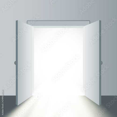 Opened door in a white room with the outgoing light. Vector illustration