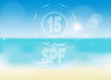 transparent symbol in the form of sun SPF 15 on the background of summer sea beach
