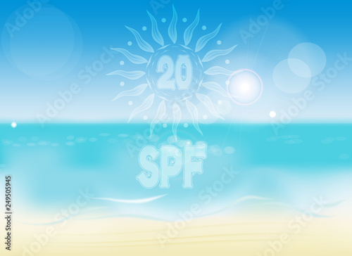 transparent symbol in the form of sun SPF 20 on the background of summer sea beach